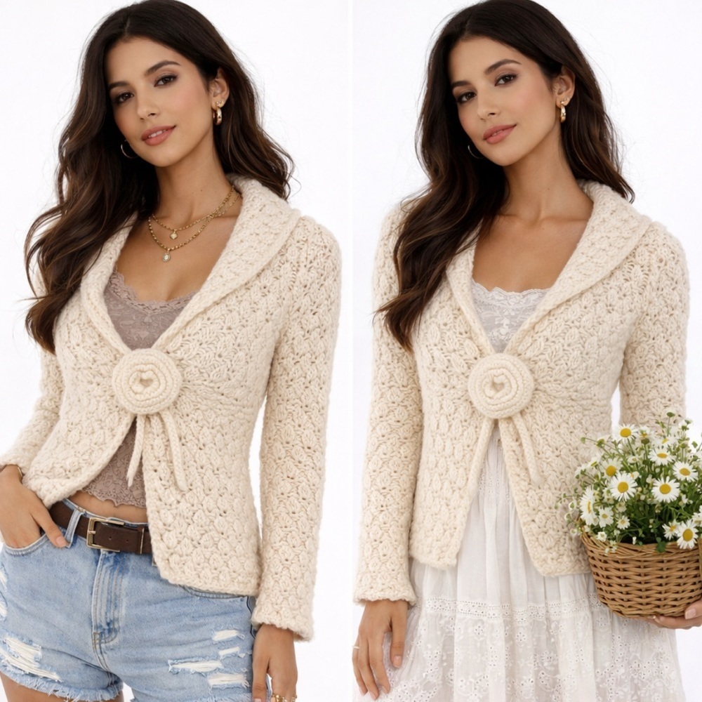 Ruff Hewn Chunky Crochet Cardigan Flower Buttons Women’s Medium Cottagecore 90s
